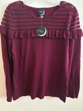 August Moon Women's Wine Mulberry Ruffle Yoke Sweater Top Size Large NWT